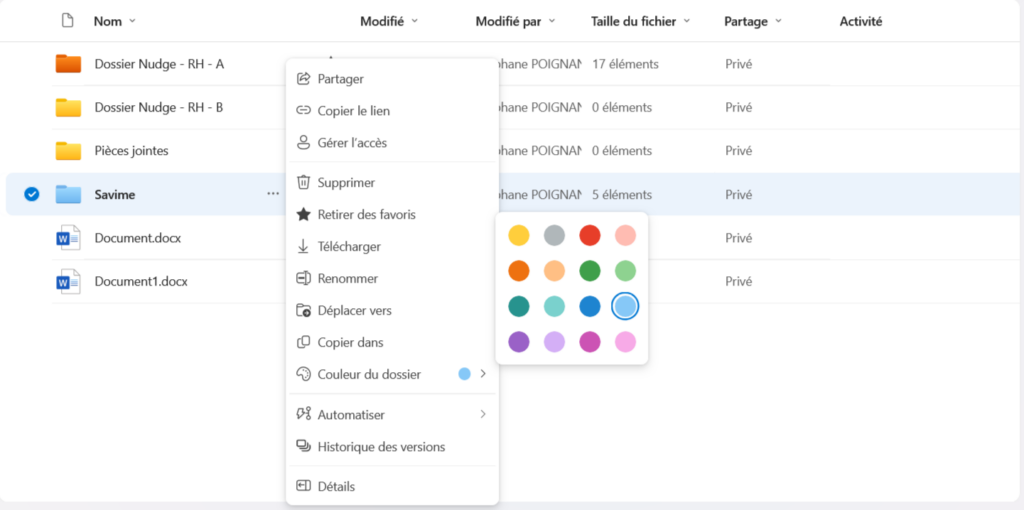 À quoi sert la fonction "Couleur du dossier" et quelles couleurs sont disponibles ?