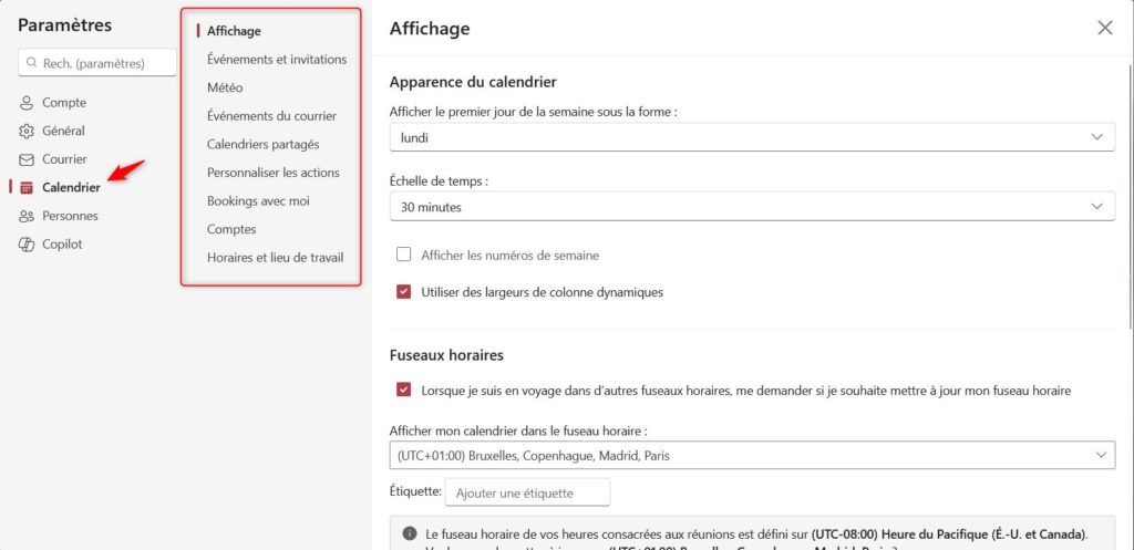 parametre outlook - calendrier