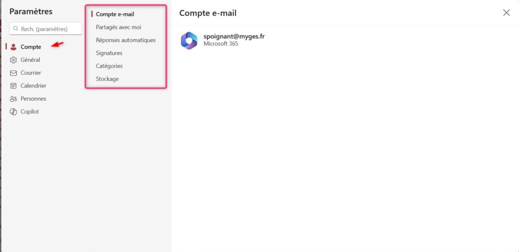 parametre outlook - compte
