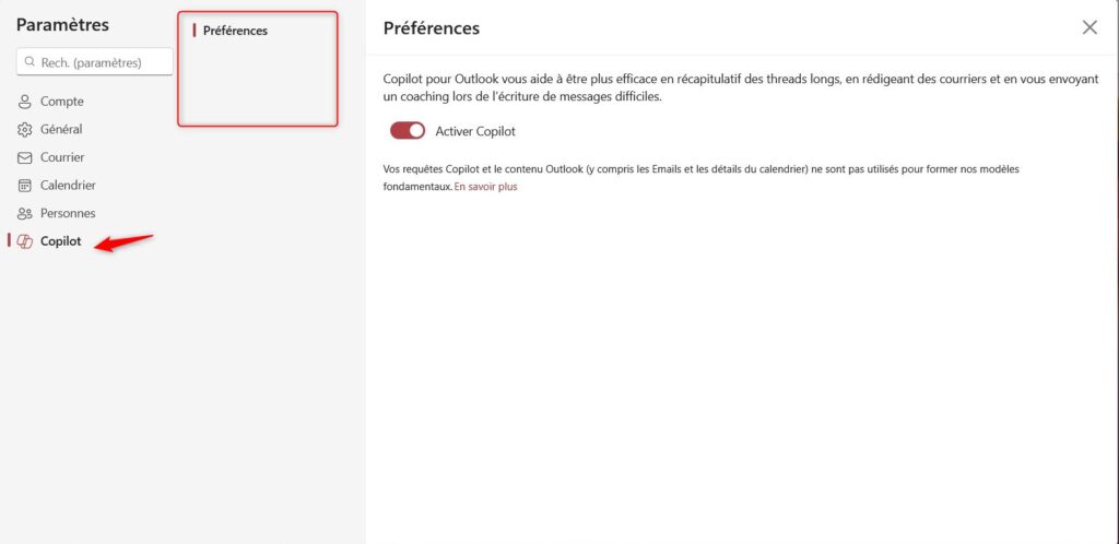parametre outlook - copilote