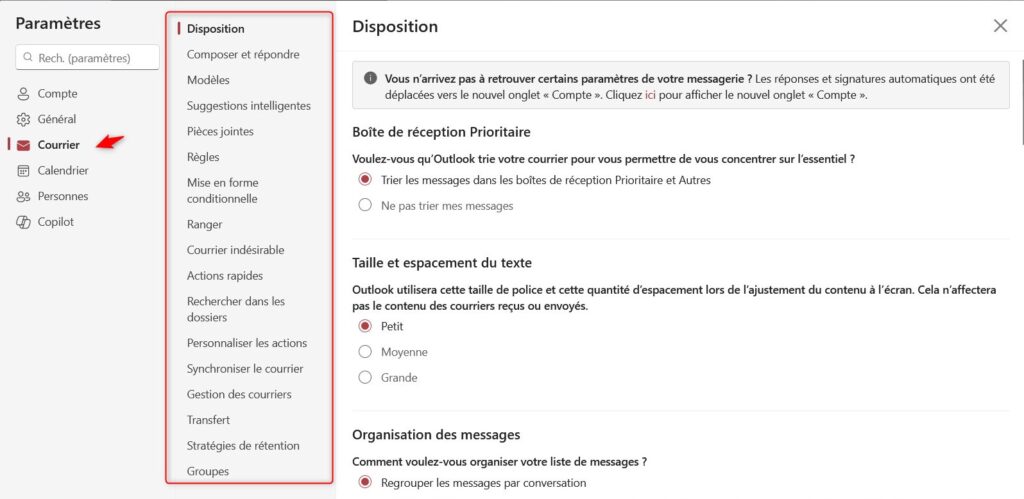 parametre outlook - courrier