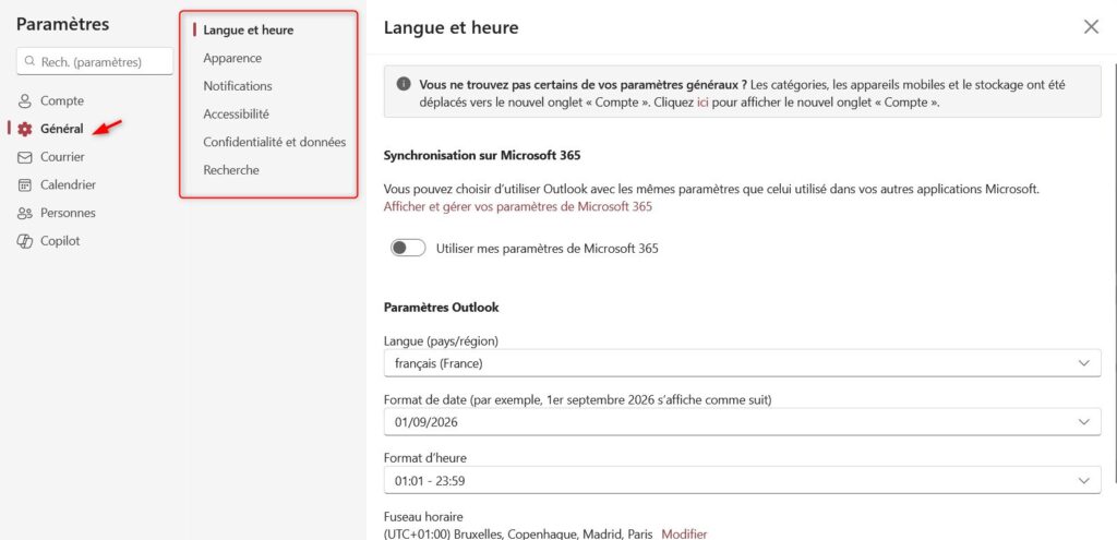 parametre outlook - general