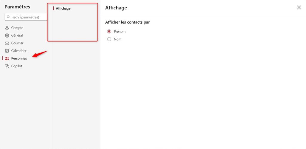 parametre outlook - personnes