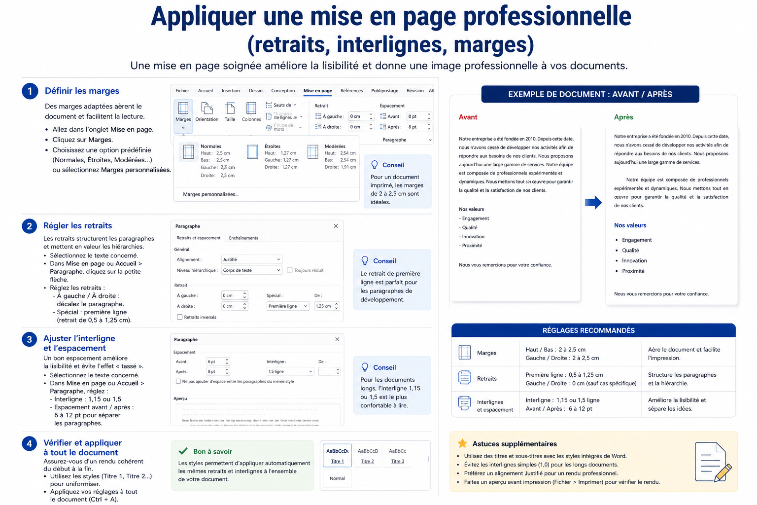 Appliquer une mise en page professionnelle (retraits, interlignes, marges)