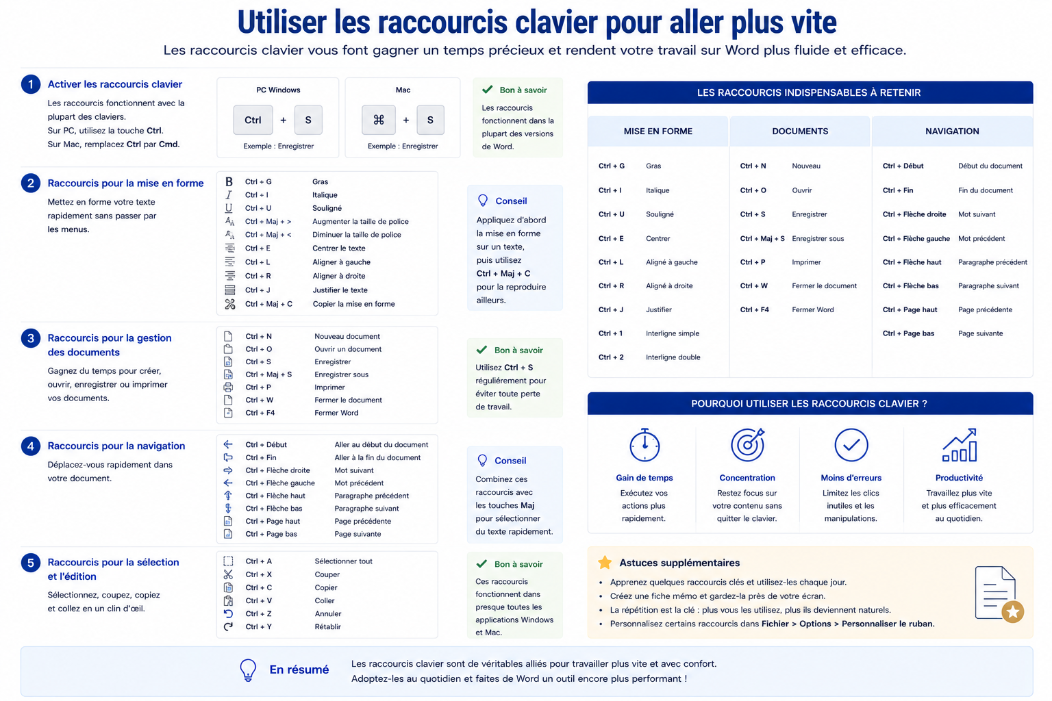 Utiliser les raccourcis clavier pour aller plus vite